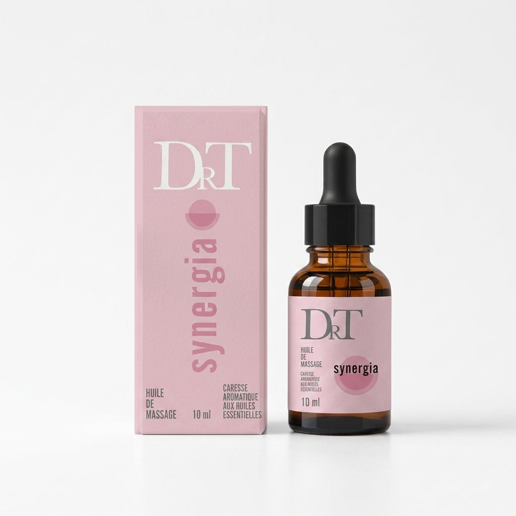 Flacon de Synergia, huile de massage aromathérapique DrT