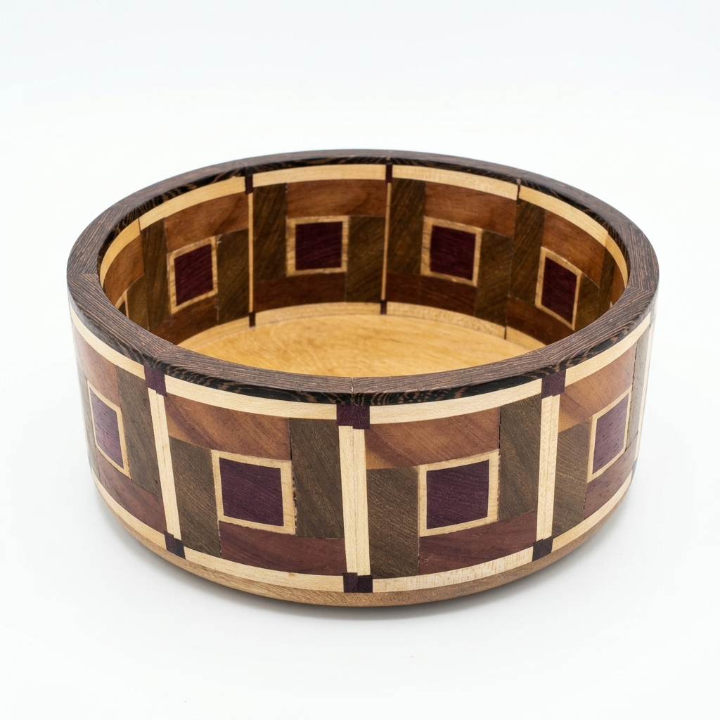 Pot cylindrique en marqueterie de bois à motifs carrés — Patrice Panier