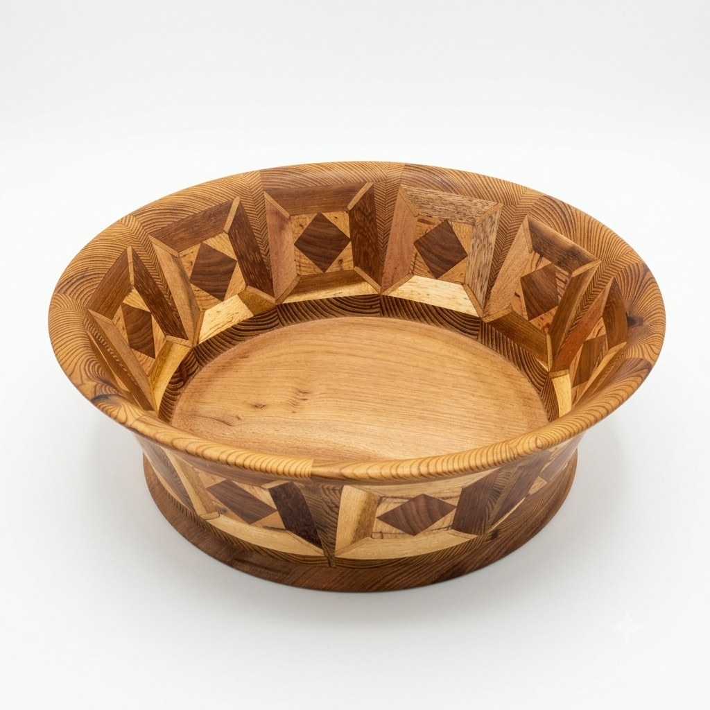Pot en marqueterie de bois à motifs losanges, forme évasée — Patrice Panier